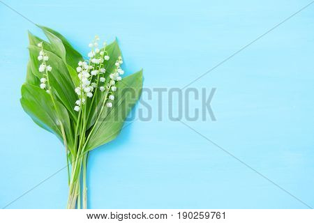 Spring White Lilies Of The Valley On A Blue Wooden Background