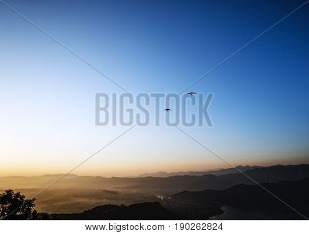 nepal. Pokhara. old village.sunrise  in mountains. sun