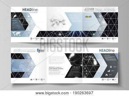 Set of business templates for tri fold square design brochures. Leaflet cover, abstract flat layout, easy editable vector. Sacred geometry, glowing geometrical ornament. Mystical background
