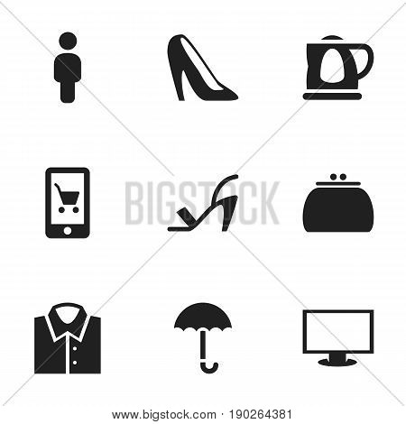 Set Of 9 Editable Shopping Icons. Includes Symbols Such As Stiletto, E-Commerce, Gingham And More. Can Be Used For Web, Mobile, UI And Infographic Design.