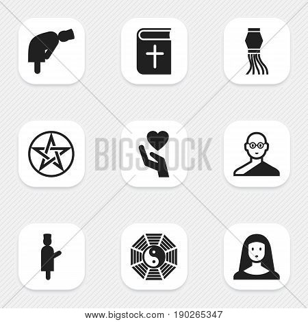 Set Of 9 Editable Religion Icons. Includes Symbols Such As Traditional Lamp, Mullah, Taoism And More. Can Be Used For Web, Mobile, UI And Infographic Design.