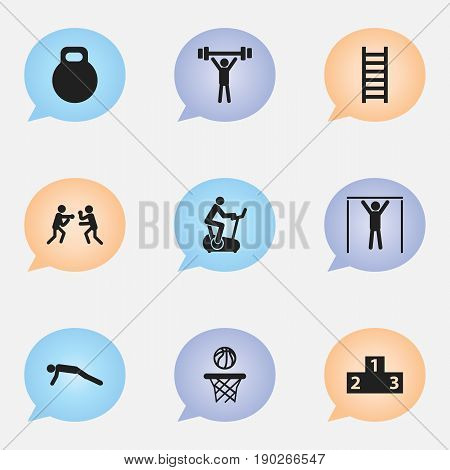 Set Of 9 Editable Fitness Icons. Includes Symbols Such As Street Workout, Platform For Winner, Bodybuilding And More. Can Be Used For Web, Mobile, UI And Infographic Design.