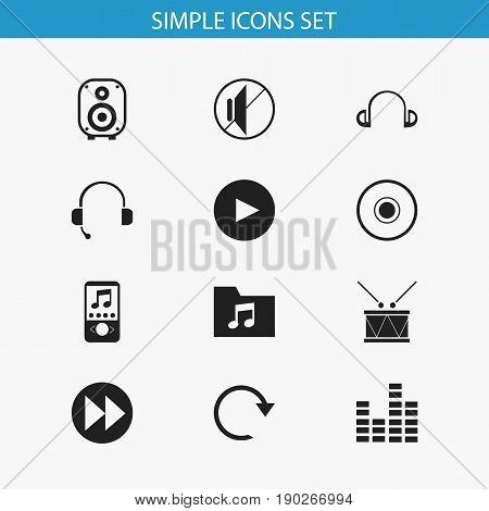Set Of 12 Editable Song Icons. Includes Symbols Such As Call Center, Bar Wave, Timpano And More. Can Be Used For Web, Mobile, UI And Infographic Design.