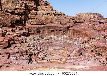 Aerial view of the theatre cut into the hillside in the ancient Petra Jordan