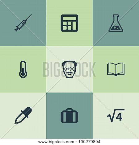 Vector Illustration Set Of Simple Study Icons. Elements Briefcase, Reckoning, Scholar And Other Synonyms Book, Substance And Calculator.