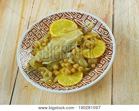 Poulet Mehshi - Tunisian chicken roast.  close up.