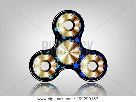 Fidget spinner icon - toy for stress relief and improvement of attention span. Filled gold metallic whit stars