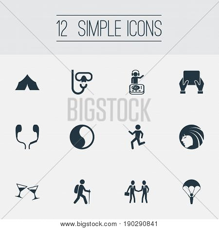 Vector Illustration Set Of Simple Yoga Icons. Elements Ballance, Night Club, Backpacker And Other Synonyms Waking, Climbing And Tablet.