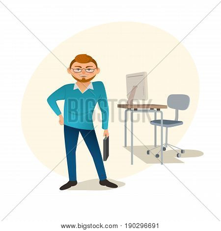 Business character concept. Freehand drawn cartoon style. Web designer in office. Working place, desk, monitor. Smiling young man developer working in design studio. Freelance job vector background