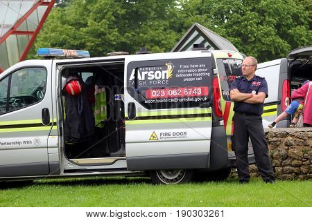 Beaulieu, Hampshire, Uk - May 29 2017: Fire Sniffer Dog Van And Officer Belonging To The Hampshire A