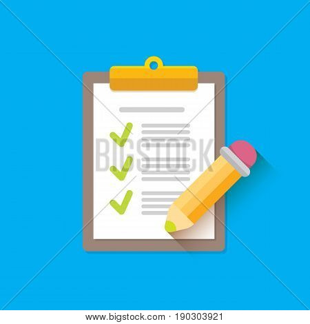 vector Clipboard icon with green checkmarks and otange pencil on blue background. Checklist vector flat style symbol