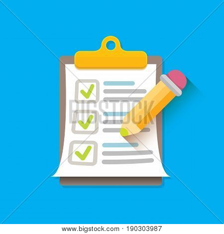 vector Clipboard icon with green checkmarks and otange pencil on blue background. Checklist vector flat style symbol