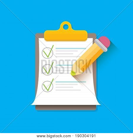 vector Clipboard icon with green checkmarks and otange pencil on blue background. Checklist vector flat style symbol
