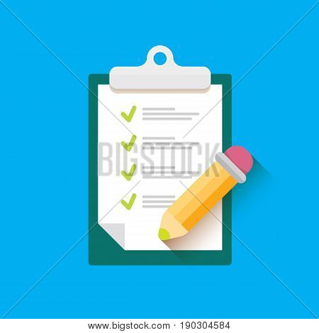 vector Clipboard icon with green checkmarks and otange pencil on blue background. Checklist vector flat style symbol