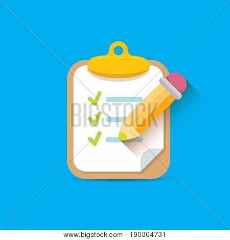 vector Clipboard icon with green checkmarks and otange pencil on blue background. Checklist vector flat style symbol