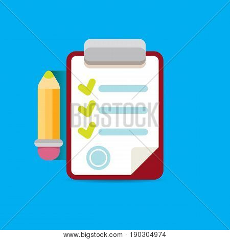 vector Clipboard icon with green checkmarks and otange pencil on blue background. Checklist vector flat style symbol