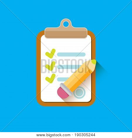 vector Clipboard icon with green checkmarks and otange pencil on blue background. Checklist vector flat style symbol