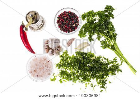 Set of natural spices and herbs for cooking. Stuio Photo