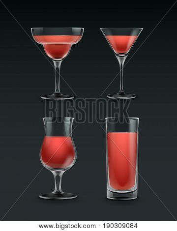 Vector set of different cocktail glass with red liquid isolated on black background
