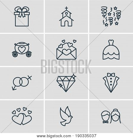 Vector Illustration Of 12 Engagement Icons. Editable Pack Of Couple, Card, Chariot And Other Elements.