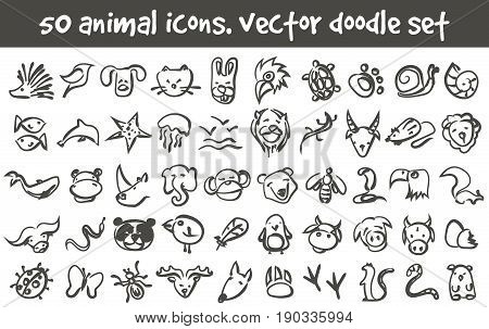 Vector doodle animal icons set. Stock cartoon signs for design.