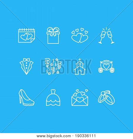 Vector Illustration Of 12 Engagement Icons. Editable Pack Of Love, Sandal, Wedding Gown Elements.