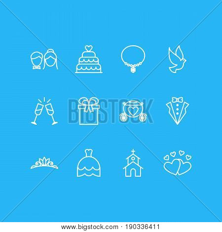 Vector Illustration Of 12 Engagement Icons. Editable Pack Of Wineglass, Patisserie, Jewelry And Other Elements.