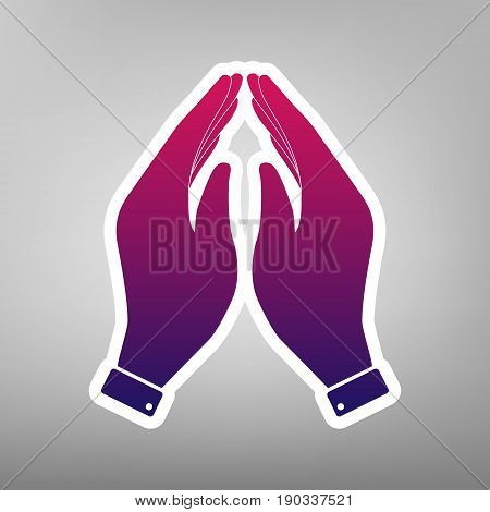 Hand icon illustration. Prayer symbol. Vector. Purple gradient icon on white paper at gray background.
