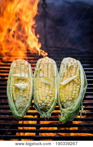 Fresh Corn With Butter And Salt On Grill