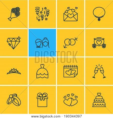 Vector Illustration Of 16 Engagement Icons. Editable Pack Of Patisserie, Bridal Bouquet, Jewelry And Other Elements.