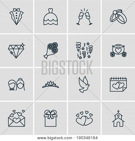 Vector Illustration Of 16 Marriage Icons. Editable Pack Of Couple, Wineglass, Accessories And Other Elements.