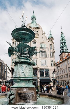 Copenhagen Denmark - August 10 2016. Stroget Street. Commercial street in historical city centre of Copenhagen a cloudy day of summer
