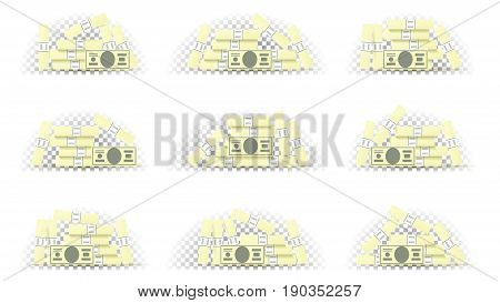 Set of money in different position. Collection of greenbacks isolated on transparent backdrop. Vector illustration.