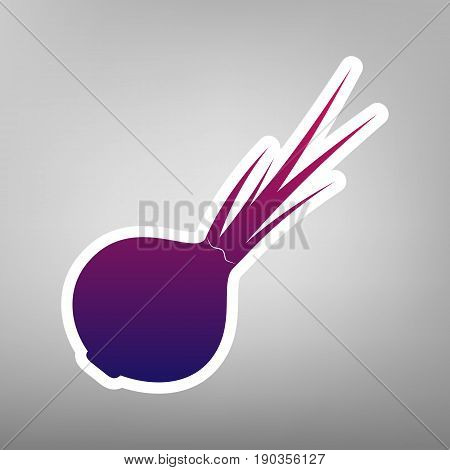 Onion sign. Salad ingredient. Healthy vegetable. Vector. Purple gradient icon on white paper at gray background.