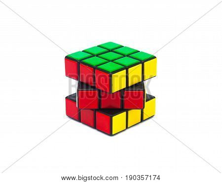Estonia, Tallinn, May 30, 2017. Rubik's cube on white background