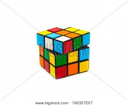 Estonia, Tallinn, May 30, 2017. Rubik's cube on white background