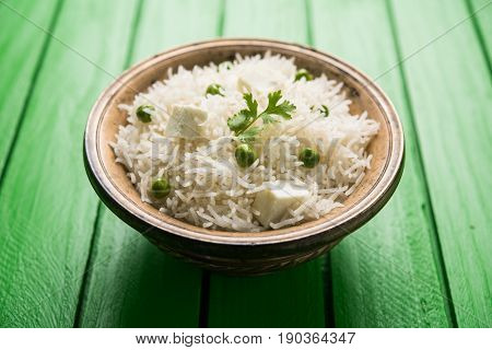 authentic paneer or soya bean or green peas pulav or vegetables rice or veg biryani with paneer cubes and soya chunk, selective focus