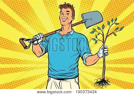 Man gardener with a shovel and sapling. Pop art retro vector illustration