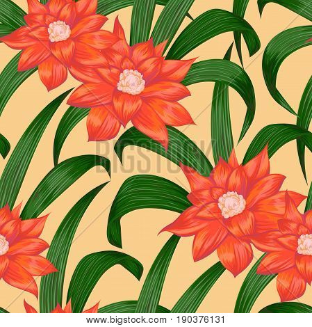 Seamless pattern with tropical orange bromeliad flowers. Exotic floral botanical background. Vintage hand drawn vector illustration in watercolor style