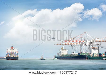 Container cargo ship and cargo plane with port crane bridge in harbor Freight Transportation Shipping