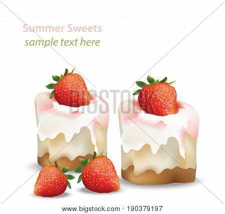 Summer sweet cheesecake with berry fruits syrop. Delicious fresh dessert Vector illustration