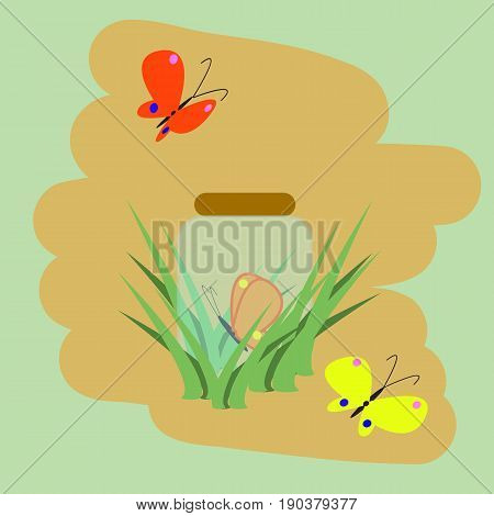 Cartoon illustration with colorful flying butterflies and glass jar in the grass on the green and orange background. Spring or summer image for design.