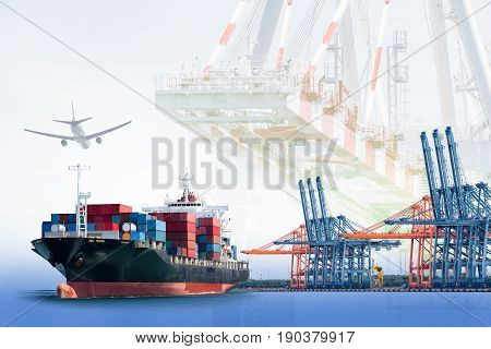 Container cargo ship and cargo plane with port crane bridge in harbor Freight Transportation Shipping