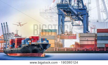 Container cargo ship and cargo plane with port crane bridge in harbor at sunset sky Freight Transportation Shipping