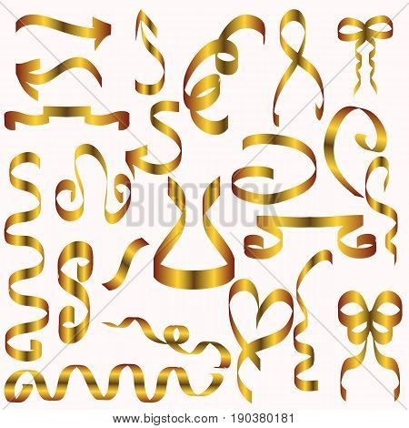 A set of graphic elements - banners arrows bows. All parts of the elements are stylized for golden and yellow silk ribbon and can be used for web design printing etc.