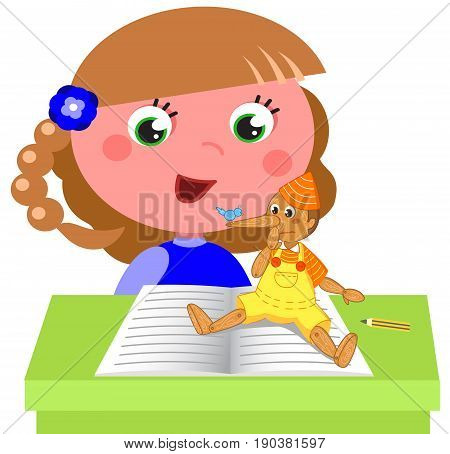 Cartoon child reading italian tale Pinocchio at school vector illustration