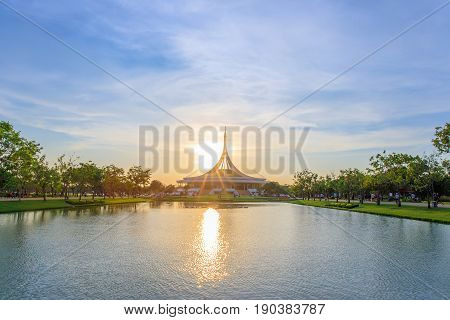 Bangkok, Thailand. - May 14, 2017 : Ratchamangkhala Pavilion at public park name Suan Luang Rama IX on sunset time Bangkok, Thailand.
