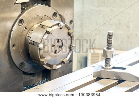 Horizontal side mill machine. Metalworking mechanical engineering lathe and milling technology. Indoors horizontal image.