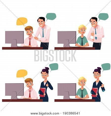 Boss managing employee working on computer, approving, disapproving gesture, cartoon vector illustration isolated on white background. Boss supervising employee working in office with speech bubbles
