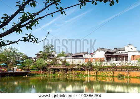 Chinese village of Huizhou architecture summer lake.